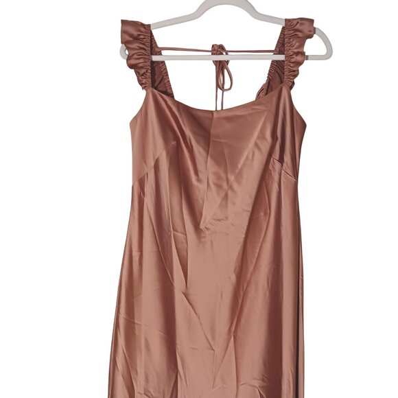 NEW Social Bridesmaids Ruffle Trimmed Open-Back Maxi Slip Dress Toffee‎ Size LB - Picture 4 of 14